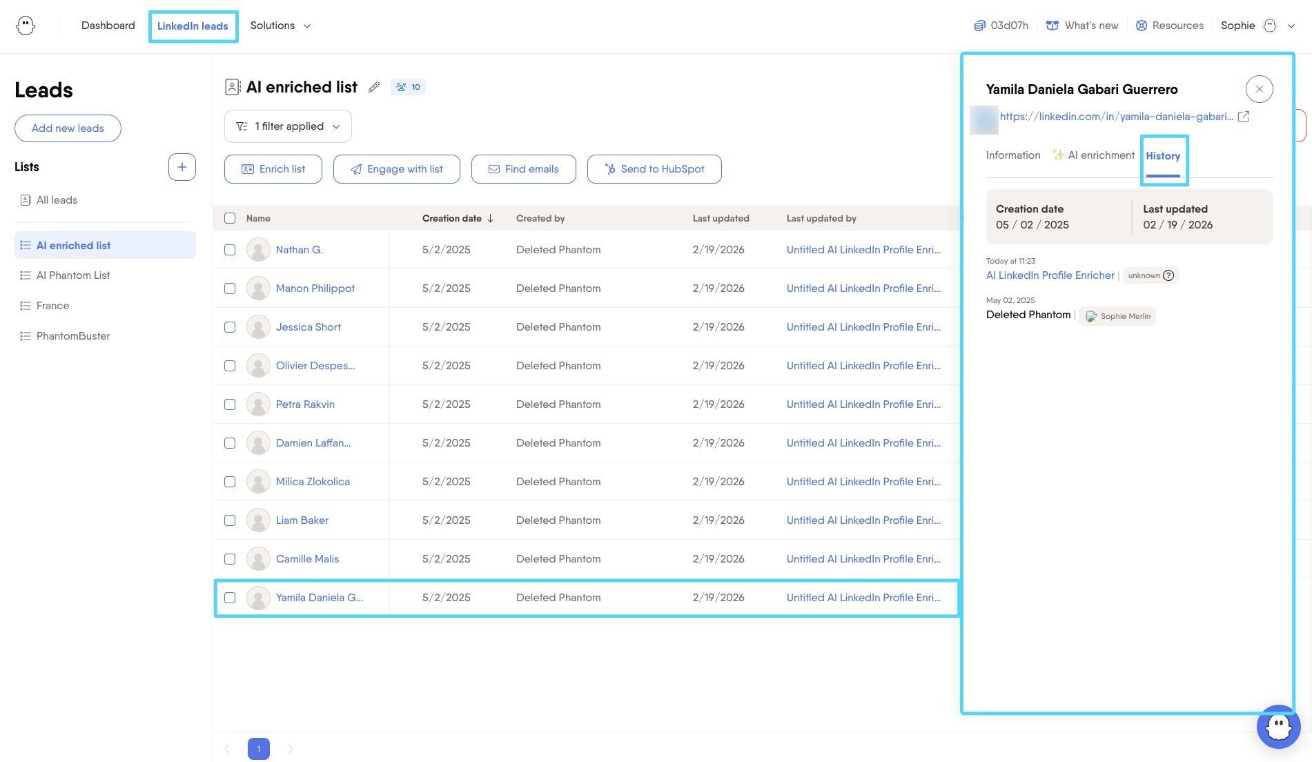 History tab showing the full automation timeline for a lead
