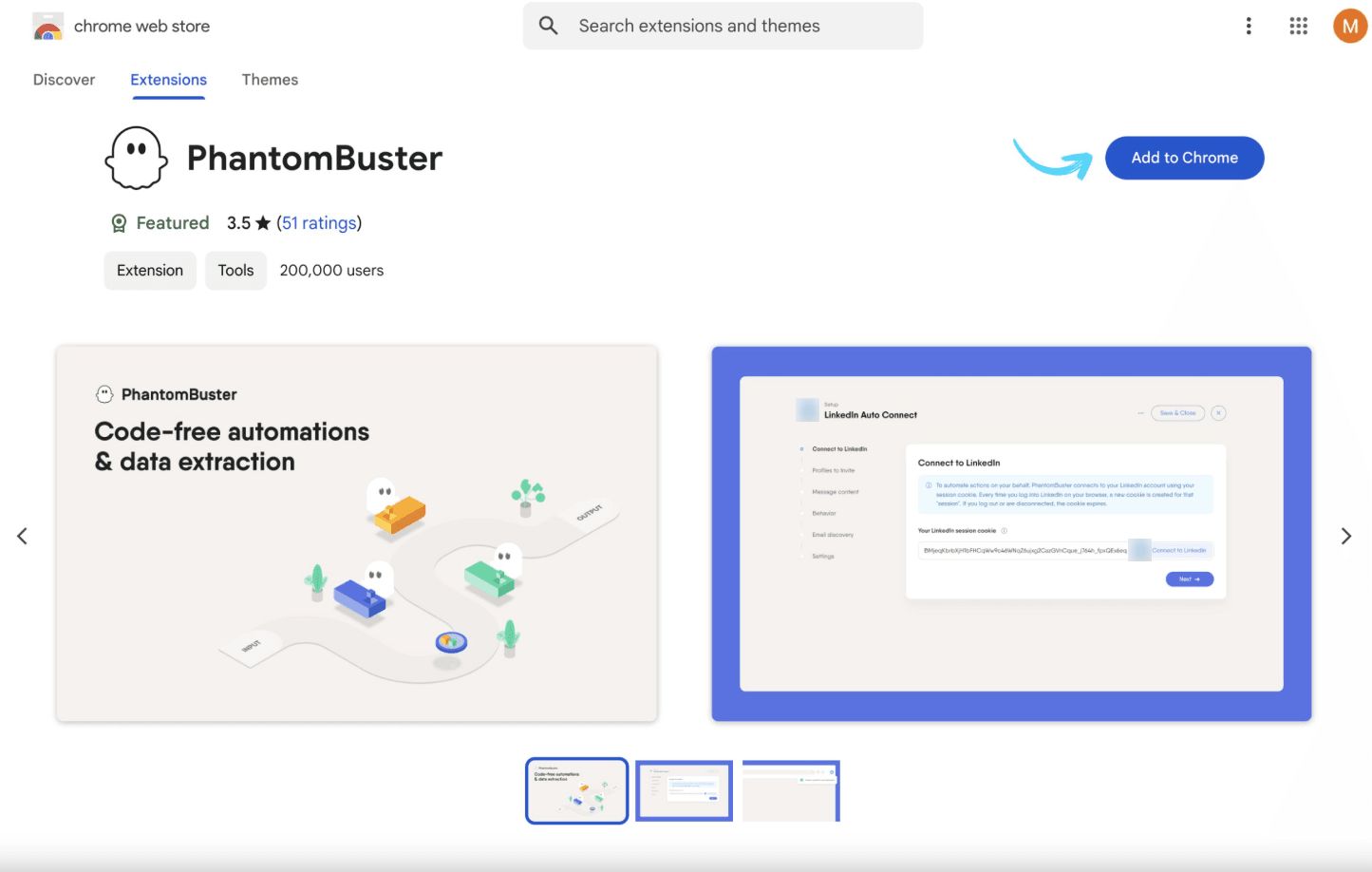 Chrome Web Store page for installing the PhantomBuster browser extension