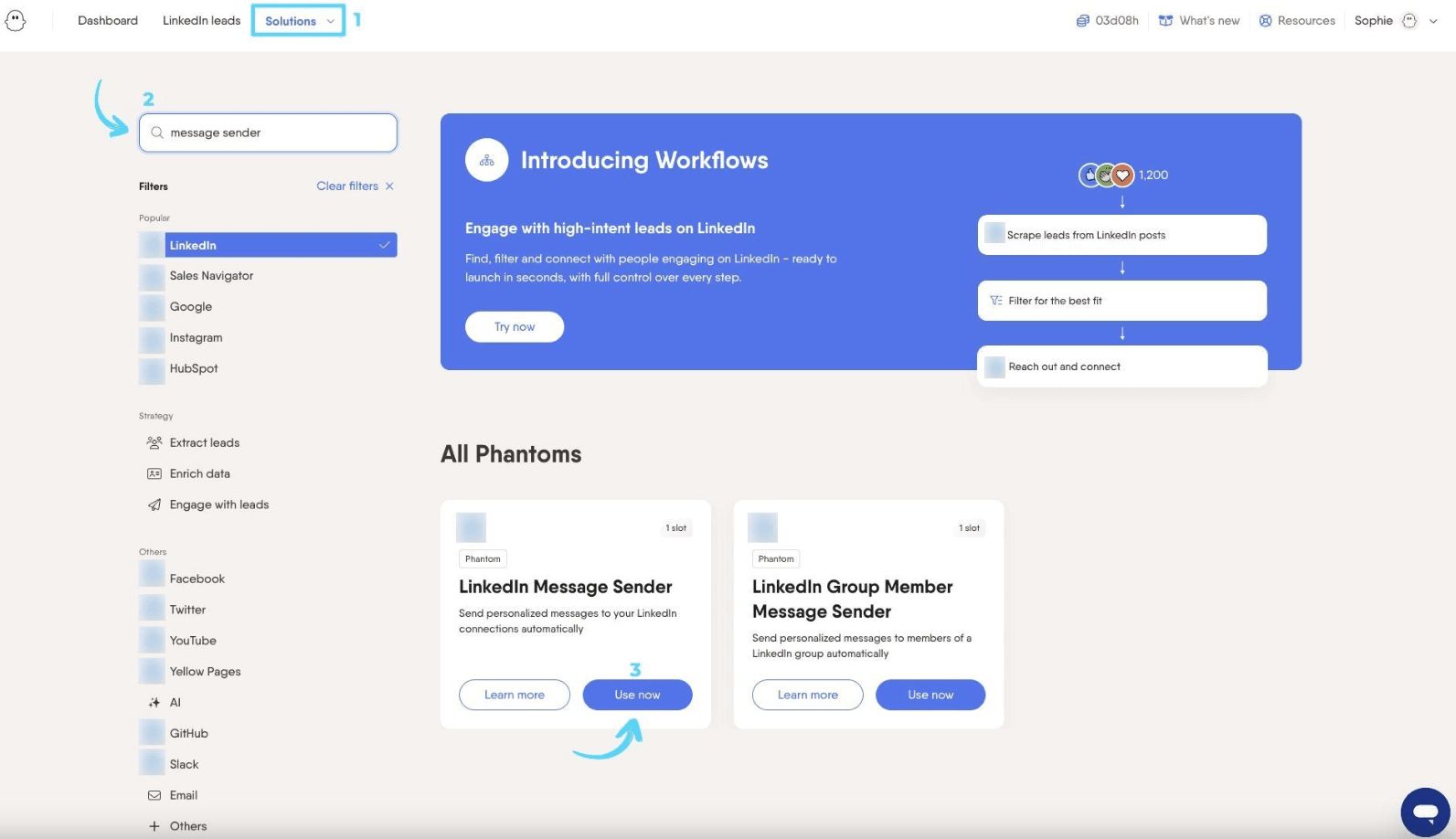 PhantomBuster Solutions page with Use now button highlighted on a Phantom card