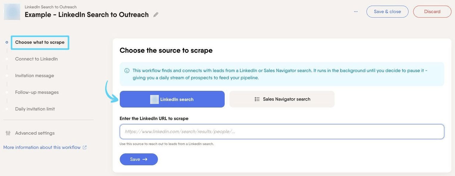 PhantomBuster Workflow step 1 choosing a LinkedIn or Sales Navigator search URL as the source