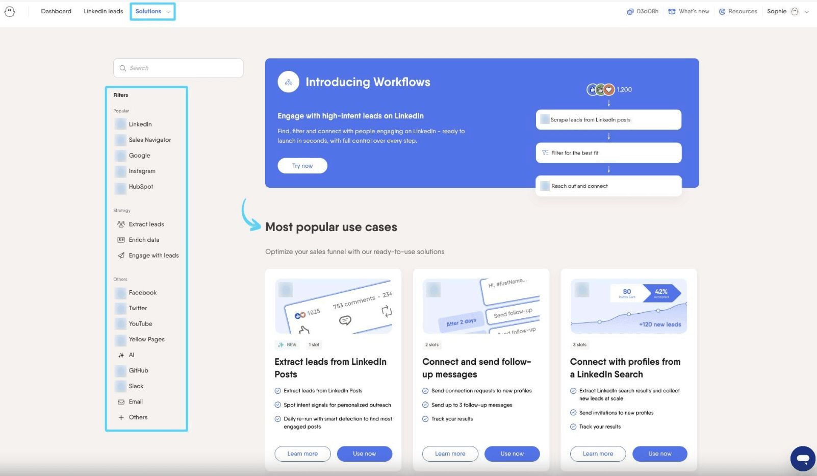 PhantomBuster Solutions page with platform and strategy filters for choosing an automation