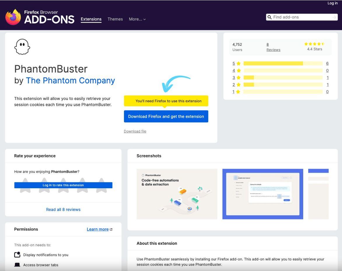 Firefox Add-ons page for installing the PhantomBuster browser extension