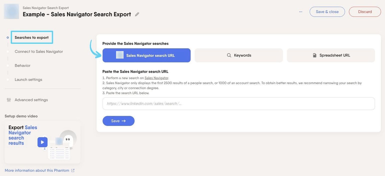 PhantomBuster Sales Navigator Search Export step 1 choosing which Sales Navigator searches to extract