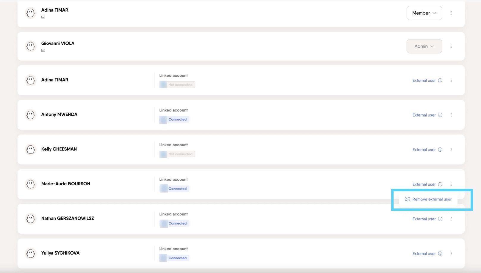 PhantomBuster Users tab with three-dot menu showing Remove external user option for a magic link contributor