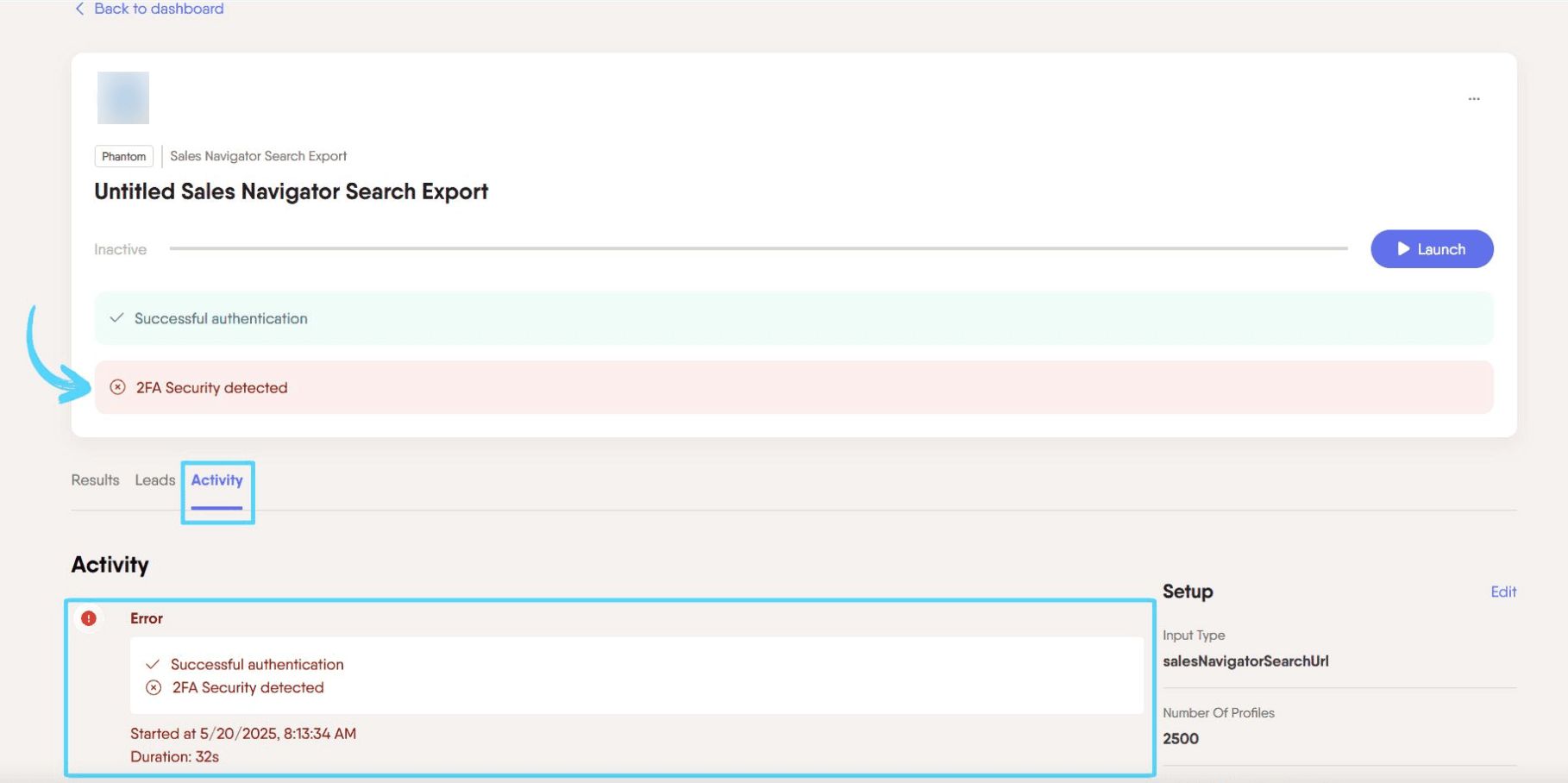 PhantomBuster Phantom console activity tab showing 2FA authentication error on Sales Navigator Search Export