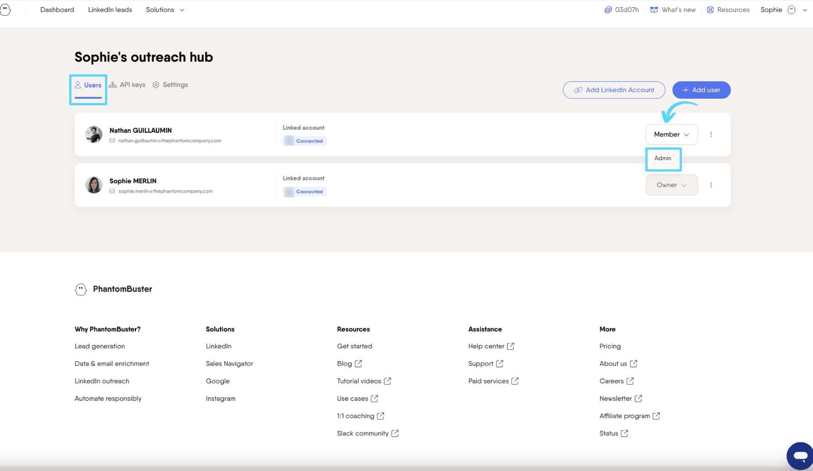 Users tab showing the role dropdown menu to change a member's role