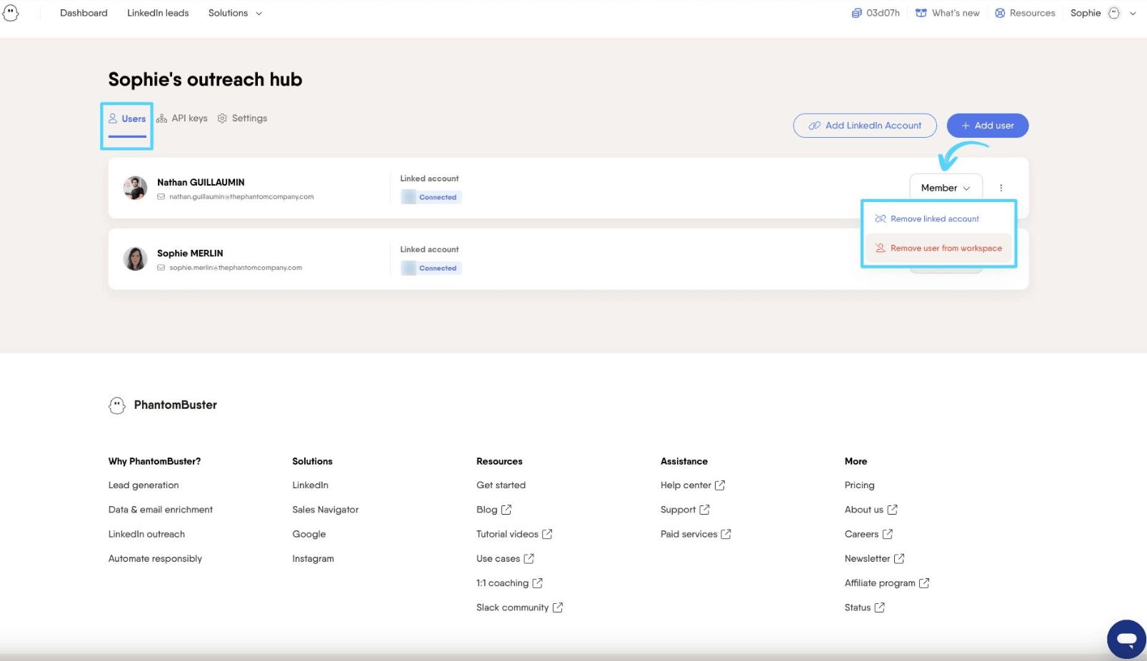 Users tab showing the three-dot menu with Remove user from Workspace option