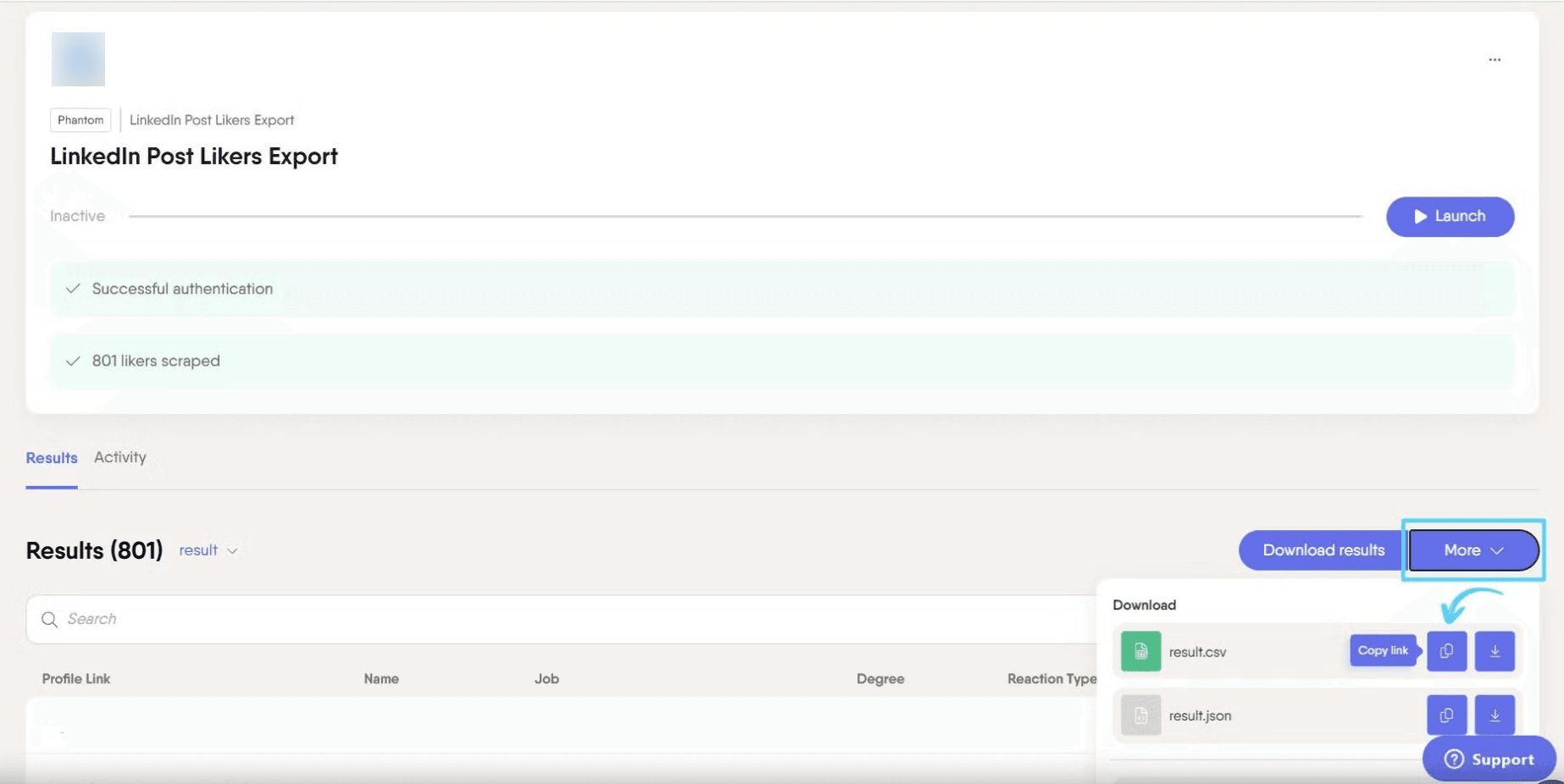 PhantomBuster Results tab More menu with Copy link option to get the CSV URL