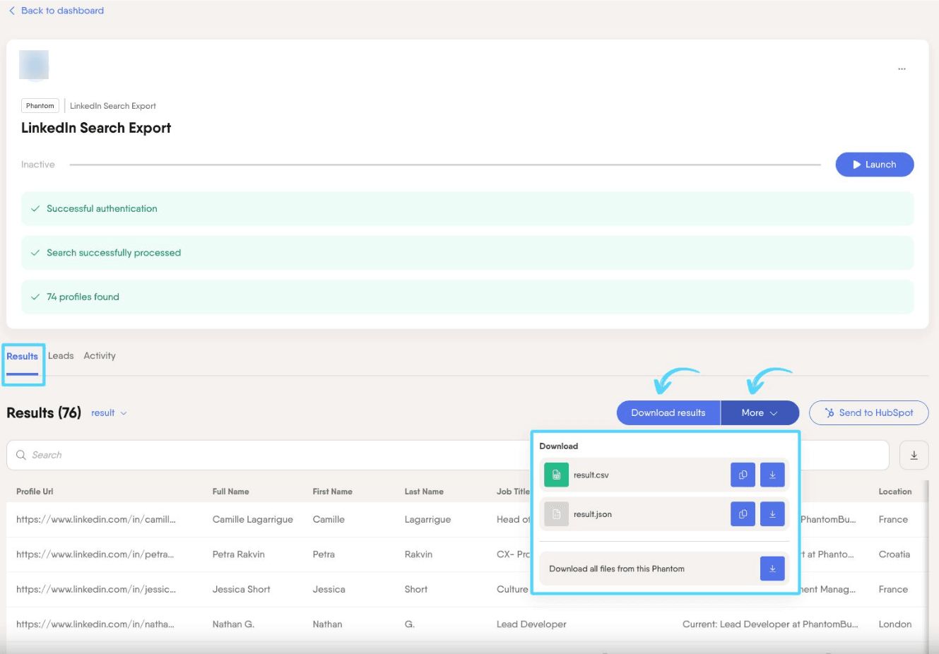 PhantomBuster Results tab showing Download results button and More menu with CSV, JSON, and Copy CSV link options