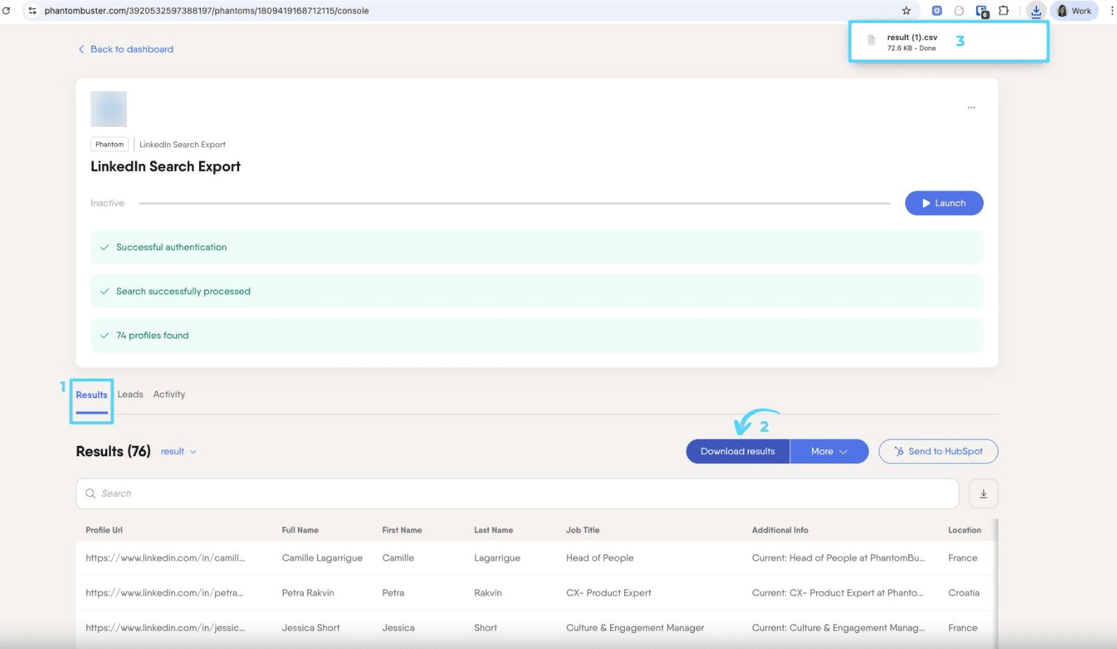 PhantomBuster Results tab with Download results button highlighted to save CSV file