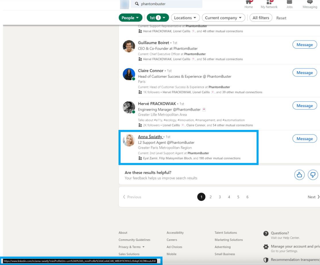 LinkedIn search results showing a profile URL with an internal identifier instead of the profile name