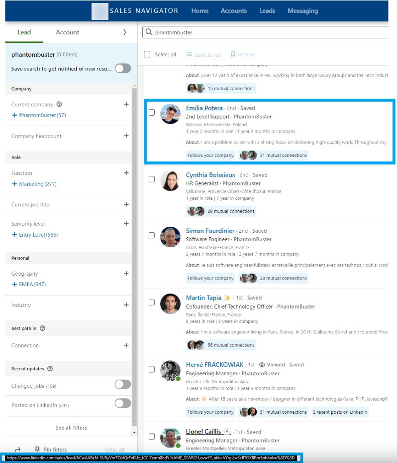 Sales Navigator lead profile showing a URL with an internal identifier instead of the profile name