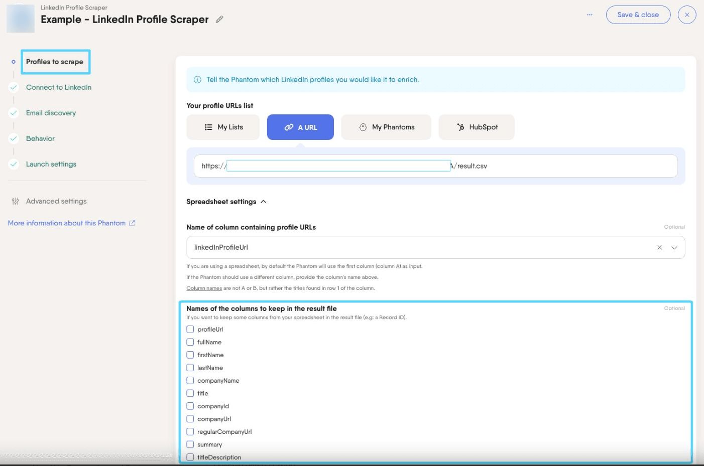 PhantomBuster LinkedIn Profile Scraper setup showing the Names of the columns to keep in the result file checkboxes
