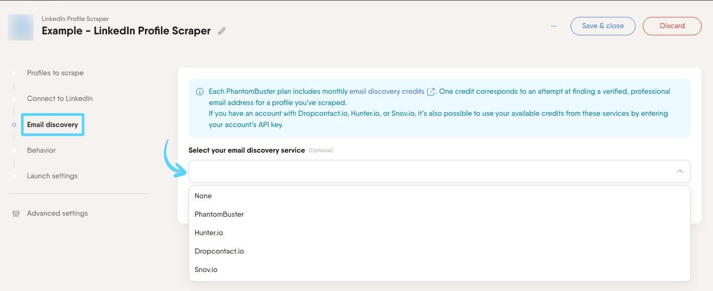 Email discovery provider dropdown in the LinkedIn Profile Scraper Phantom setup