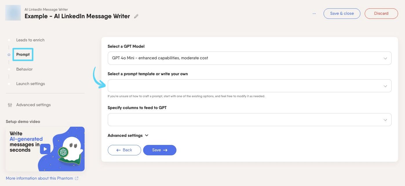 AI Phantom prompt field in the PhantomBuster setup step with dropdown menu for prompt templates