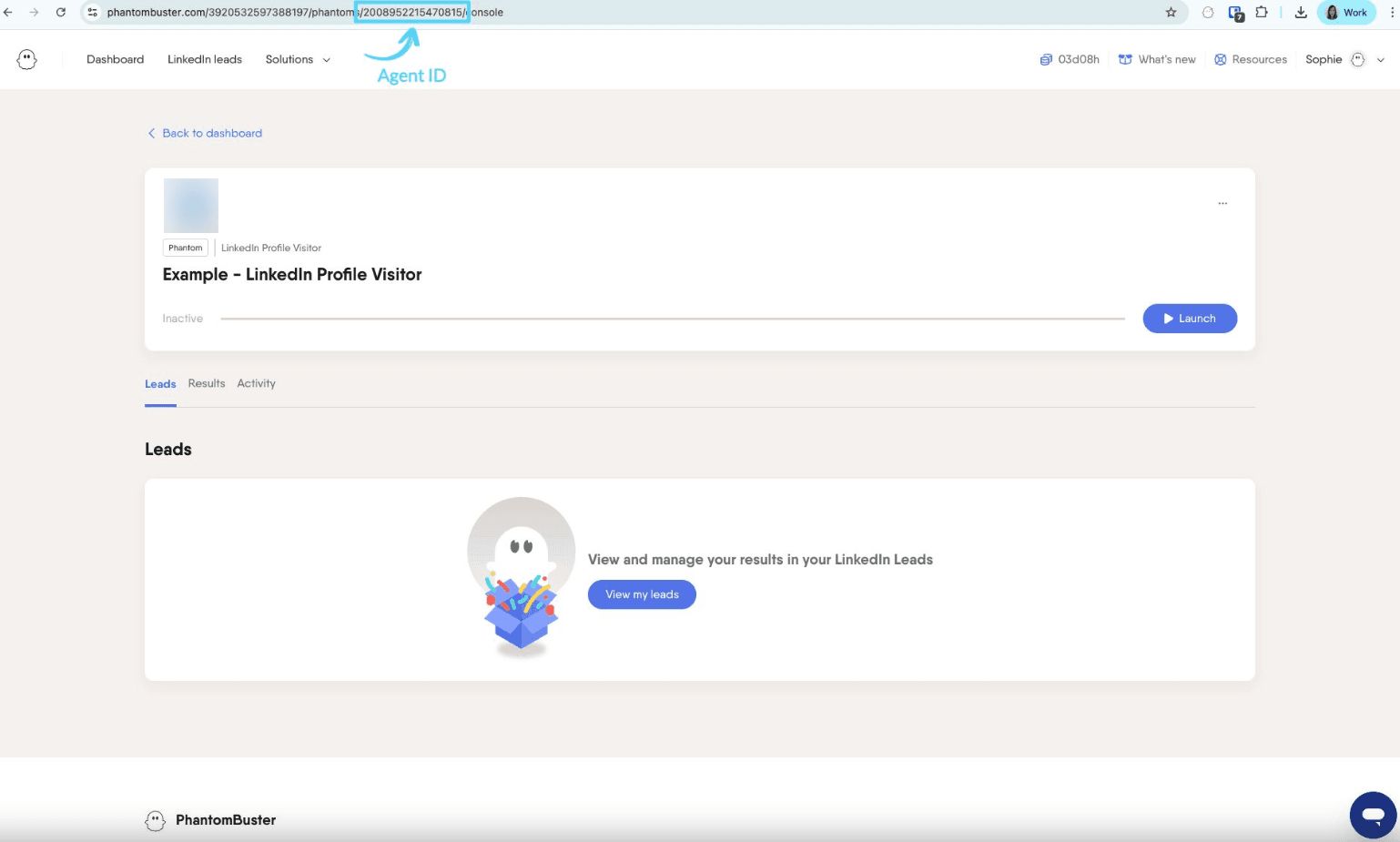 PhantomBuster console URL showing the Agent ID after /phantoms/ in the browser address bar