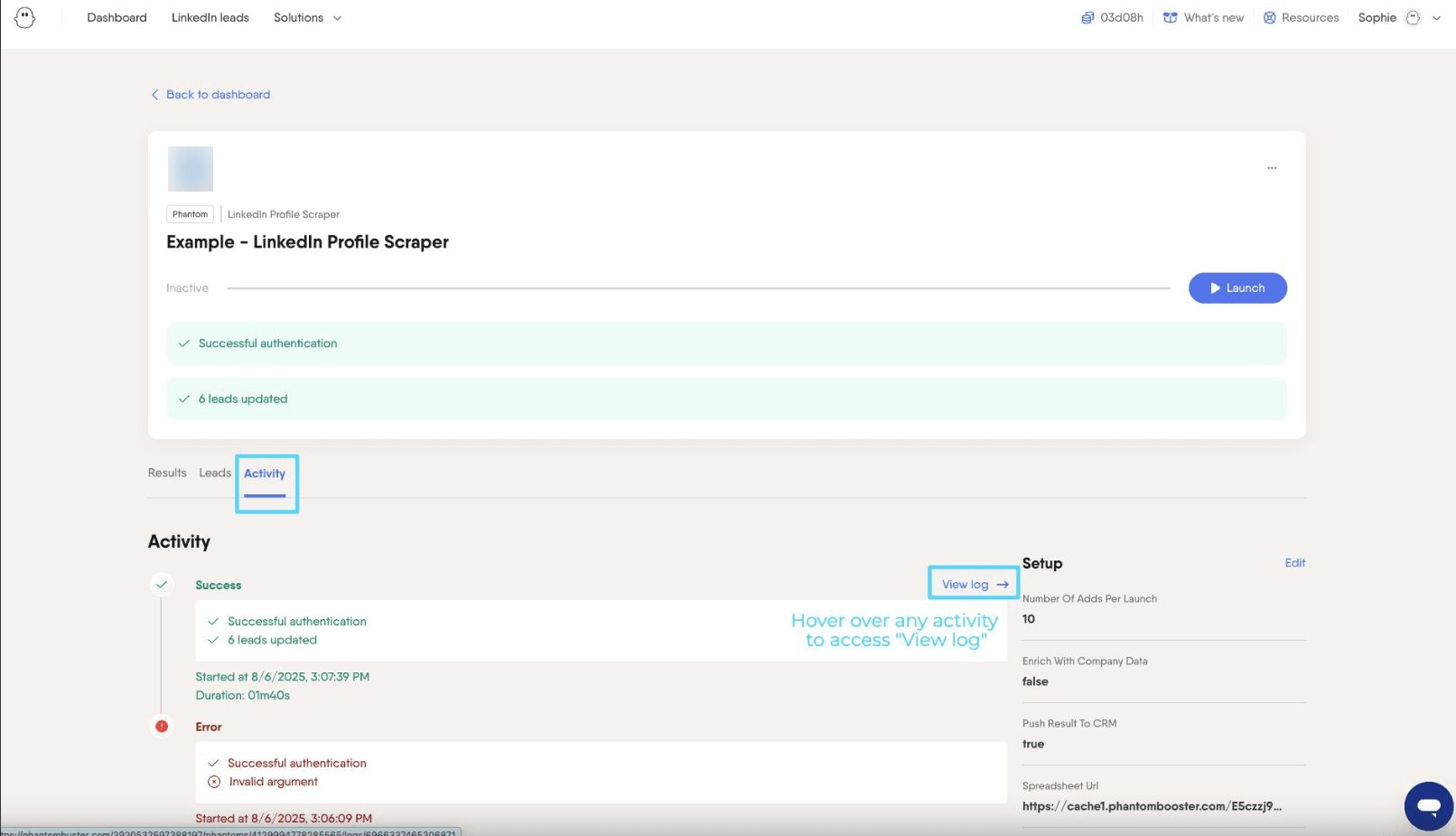 PhantomBuster Phantom console Activity tab showing the View logs option on a run