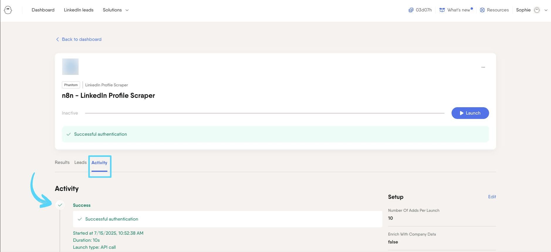 PhantomBuster Activity tab showing the launch triggered from n8n