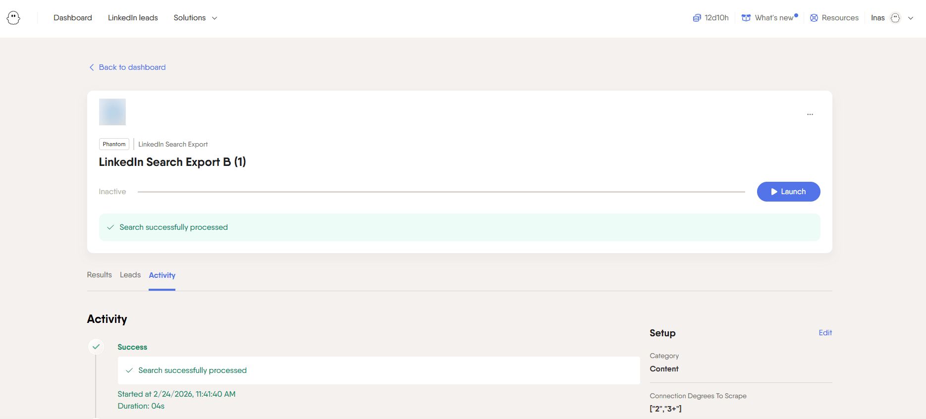 PhantomBuster Activity tab showing a successful launch with no new results to process