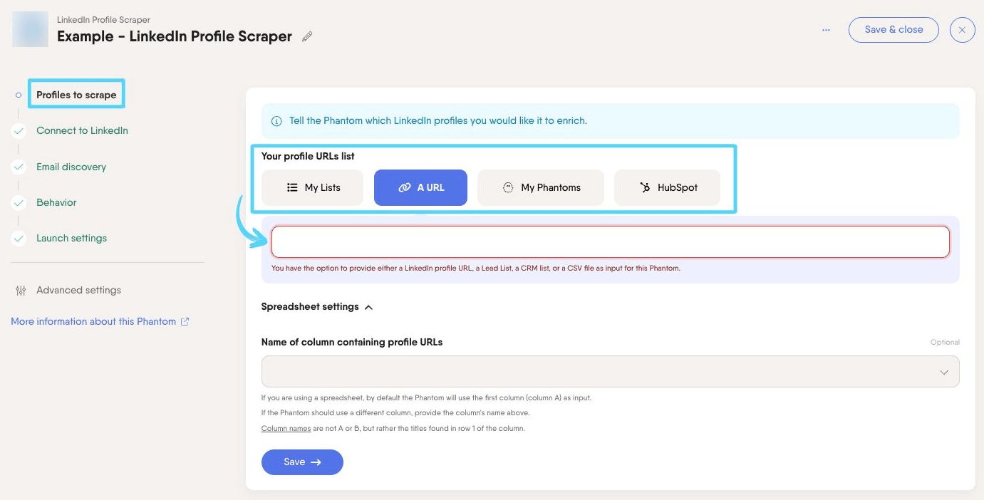 PhantomBuster LinkedIn Profile Scraper setup showing the Profiles to scrape input options