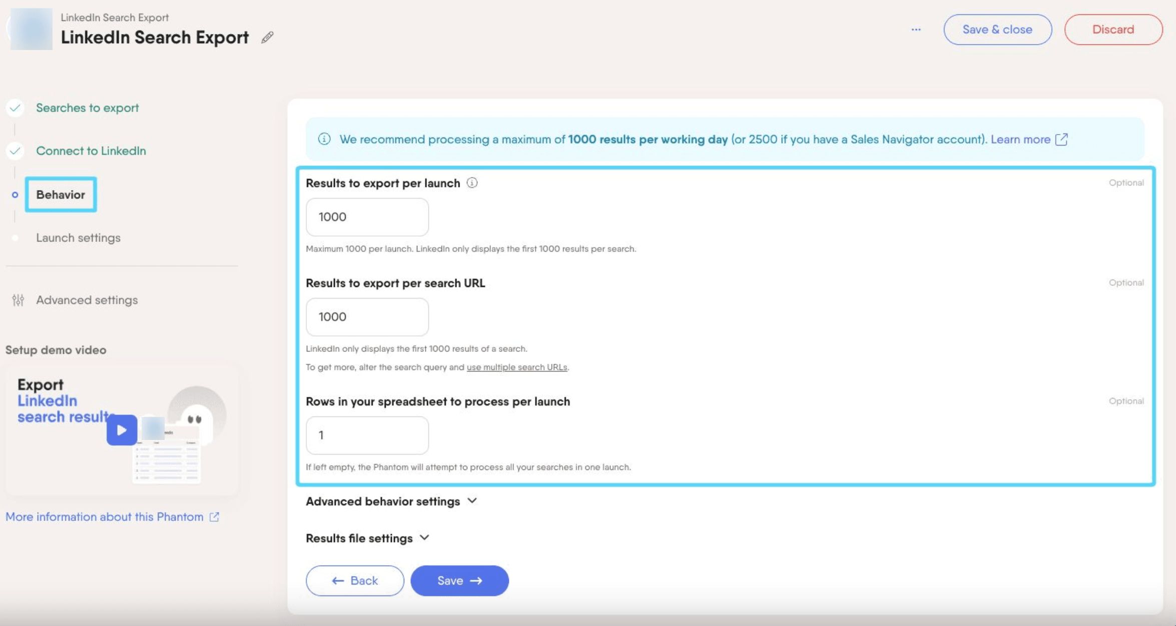 PhantomBuster LinkedIn Search Export Behavior step showing recommended settings: 1000 results per search, 1000 per launch, 1 row per launch