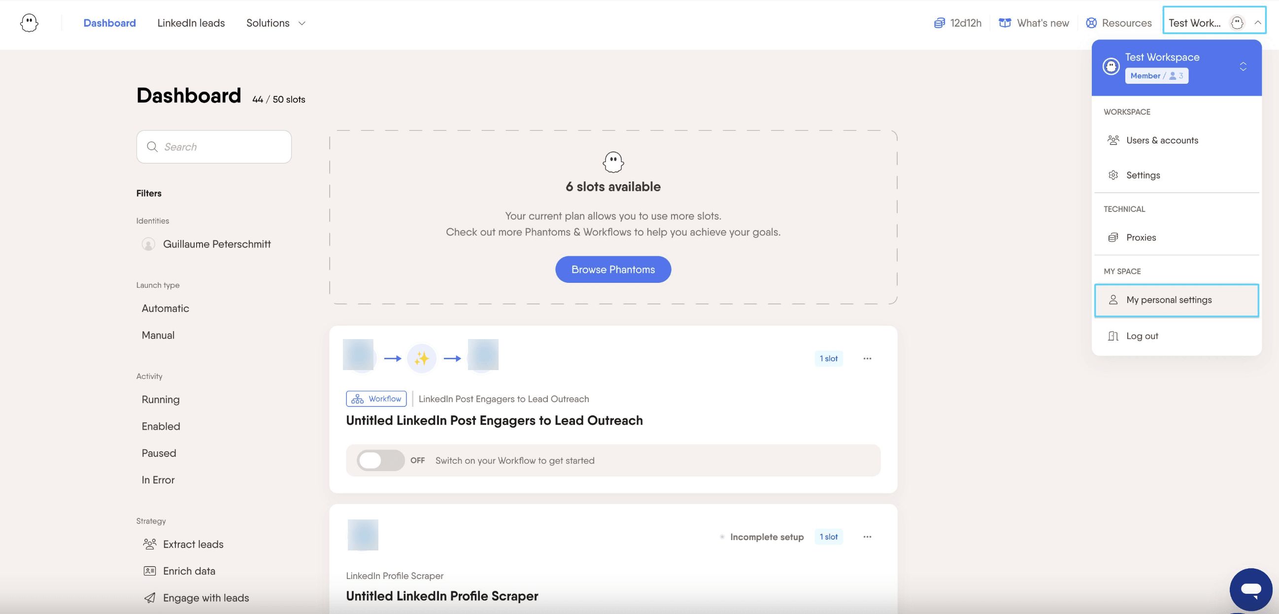 PhantomBuster user menu showing My Personal Settings option under My Space section