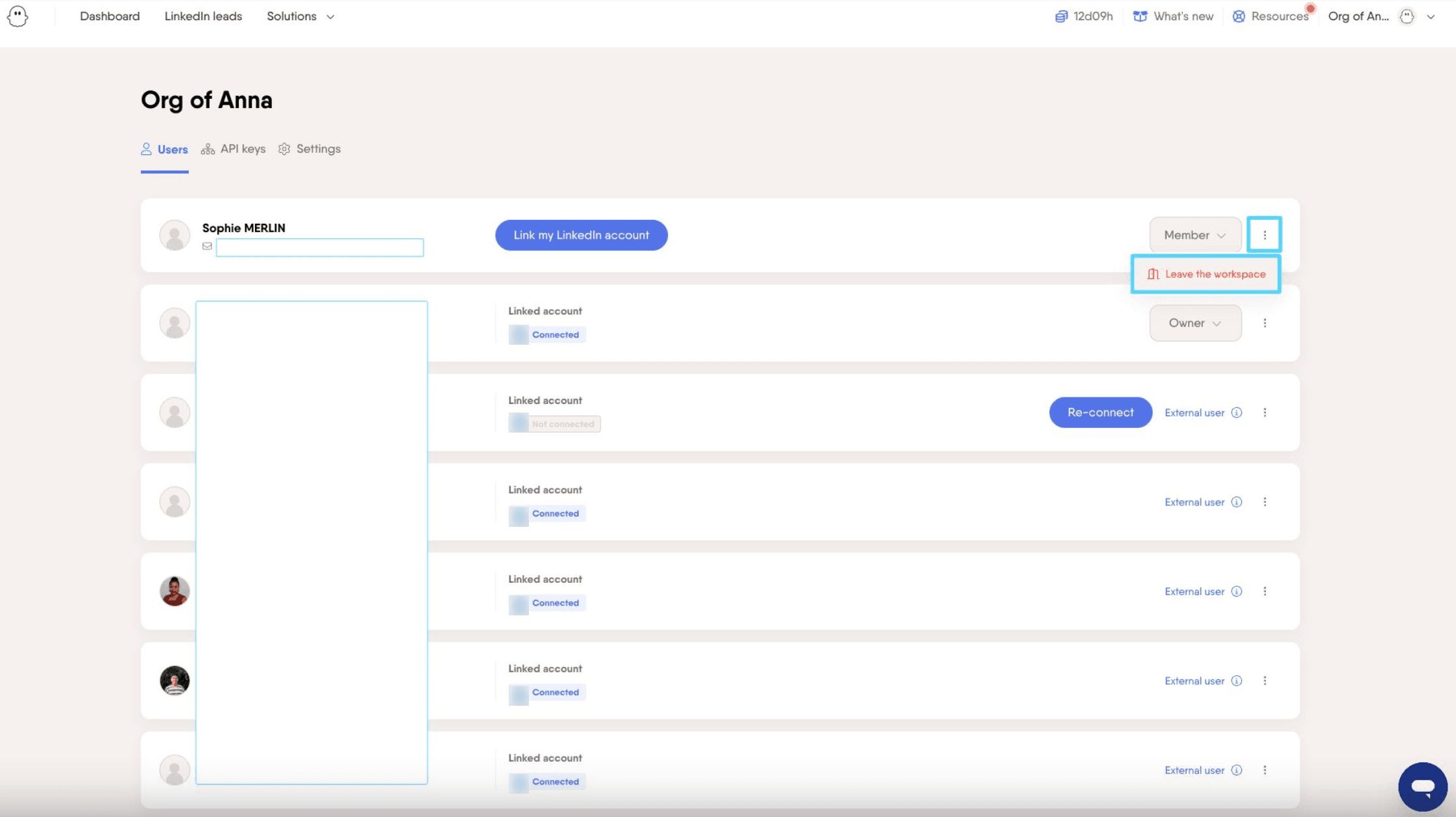 PhantomBuster Users and Accounts page showing how to leave a workspace as a member