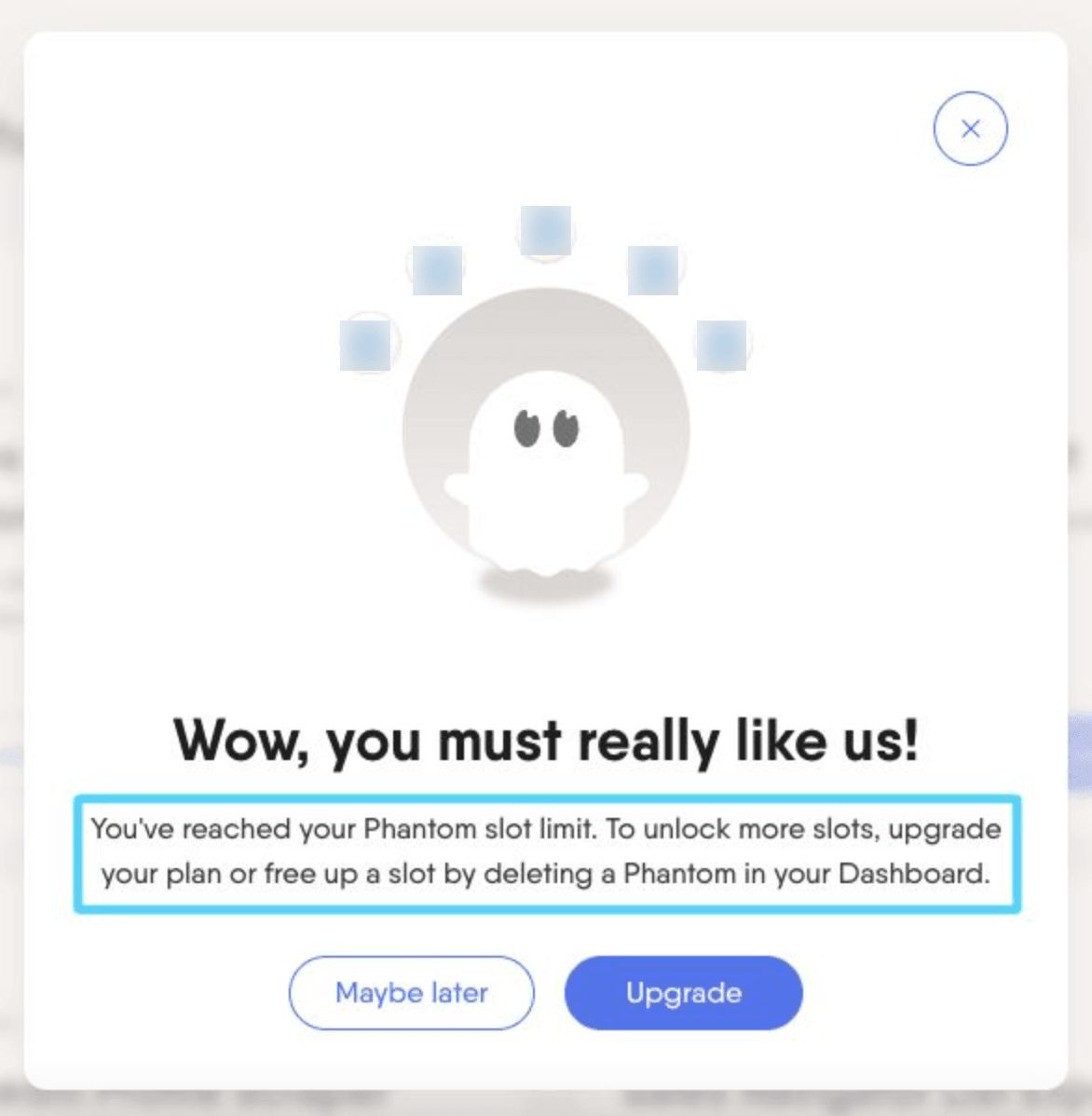 PhantomBuster popup message when Phantom slot limit is reached asking to upgrade or free a slot