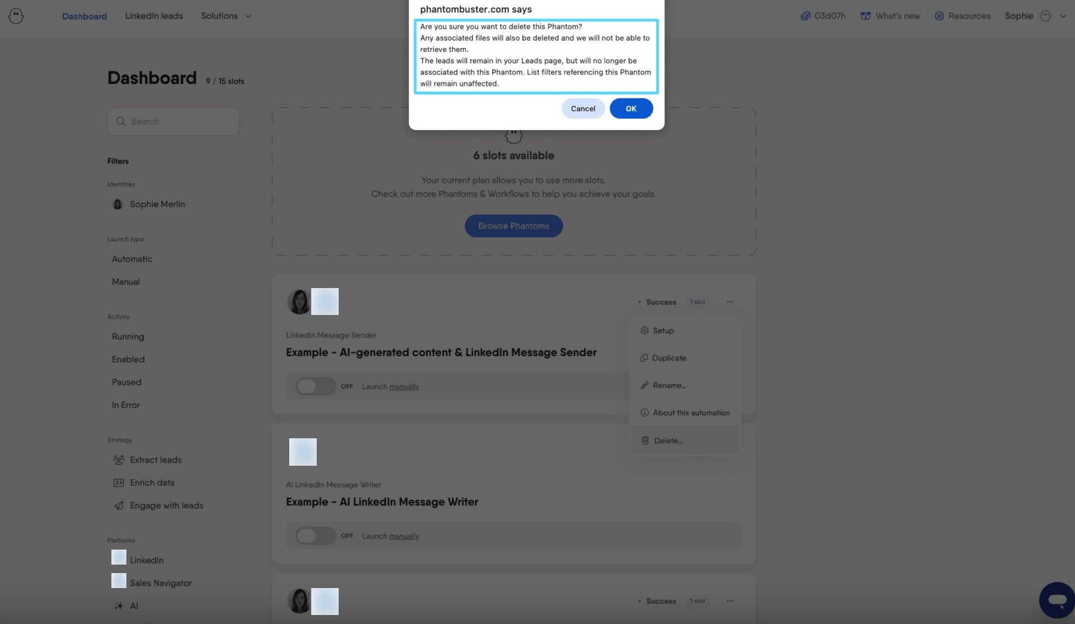 PhantomBuster confirmation popup warning that deleting a Phantom removes all result files and launch history