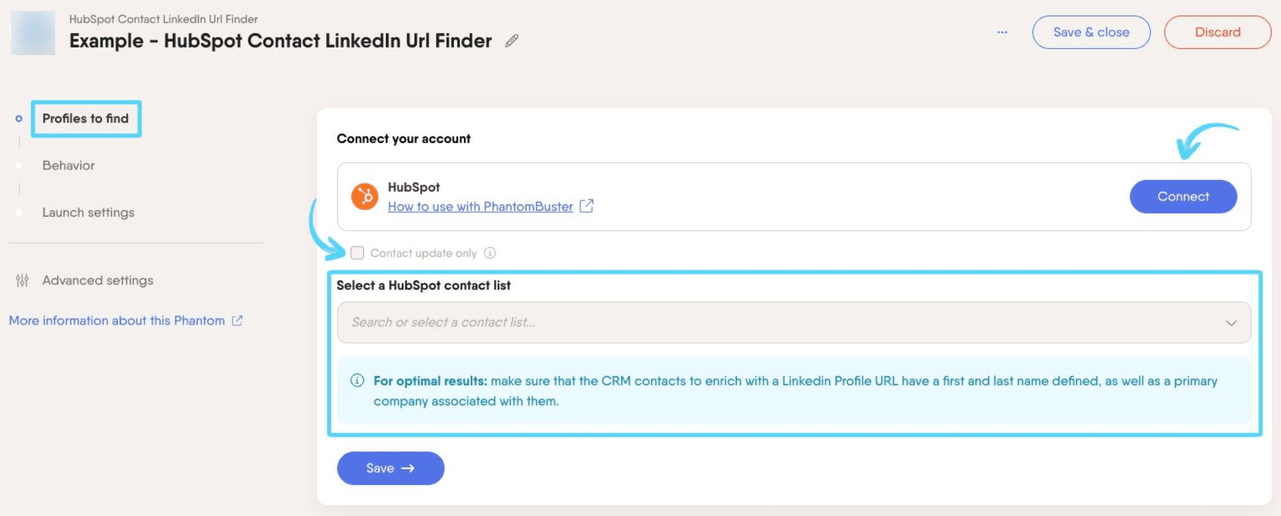 PhantomBuster HubSpot Contact LinkedIn URL Finder step 1 connecting your HubSpot account and selecting a contact segment