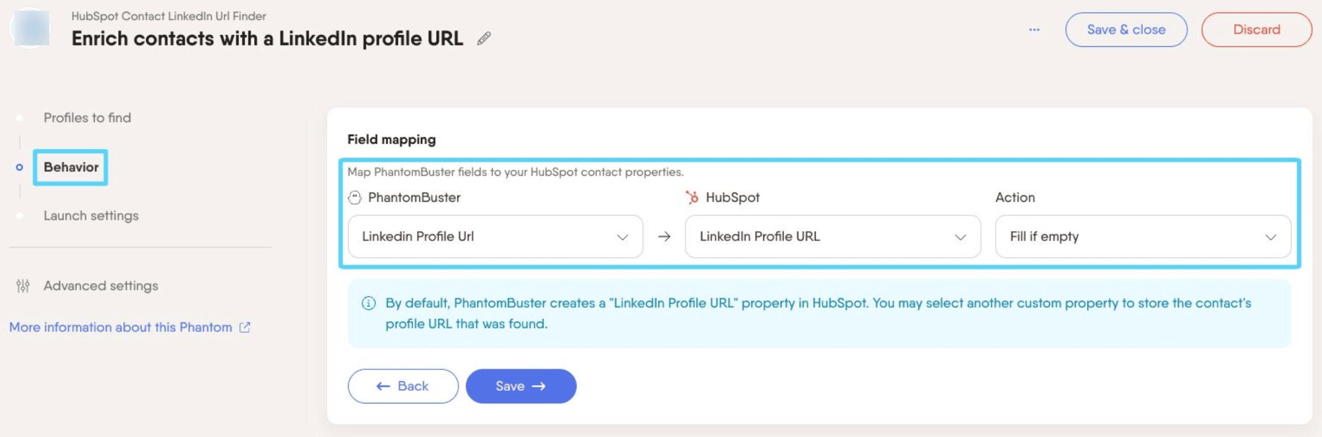 PhantomBuster HubSpot Contact LinkedIn URL Finder step 2 mapping fields to your HubSpot contact properties