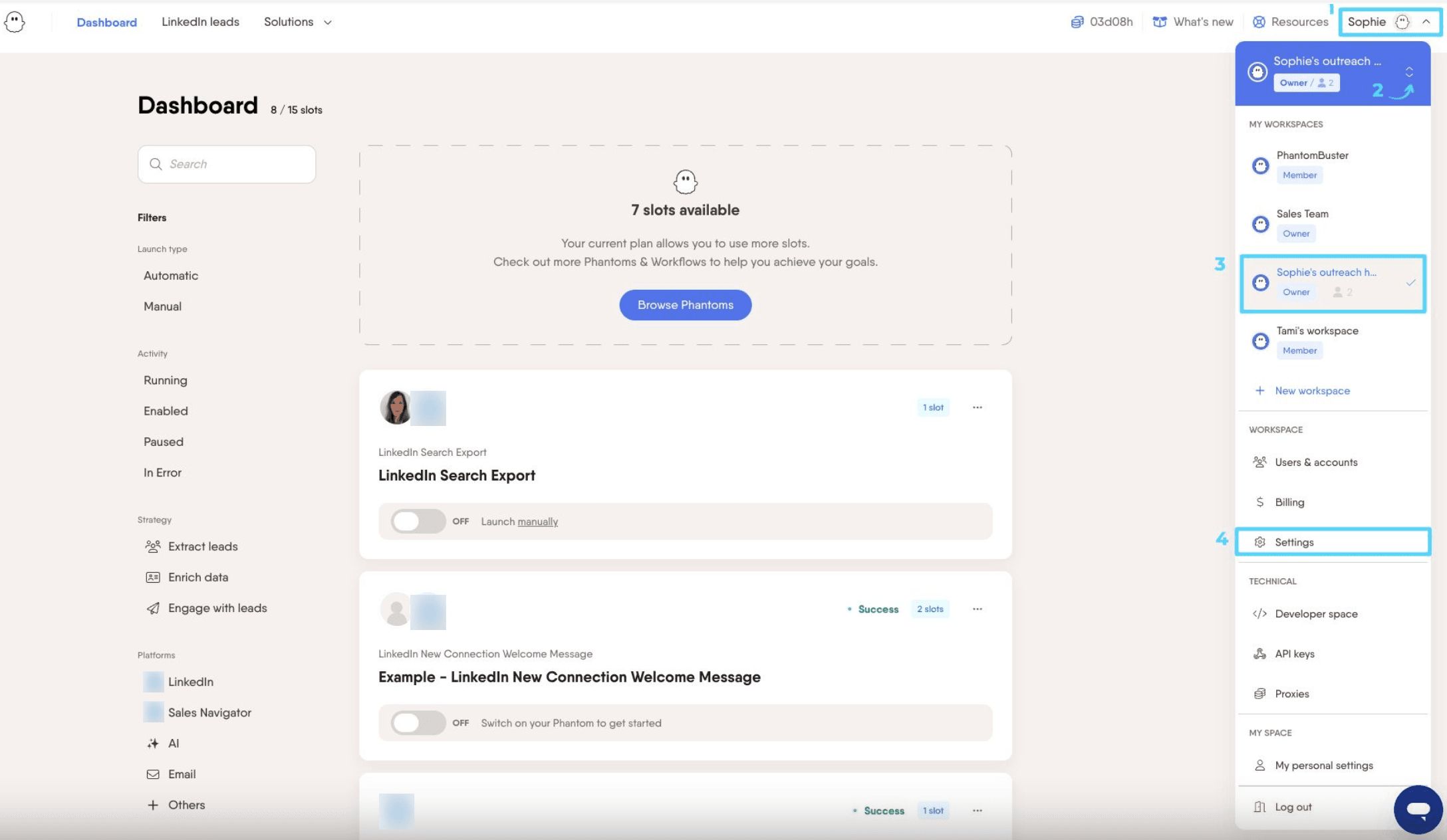 PhantomBuster HubSpot Contact LinkedIn URL Finder accessing workspace settings to enable Contact update only