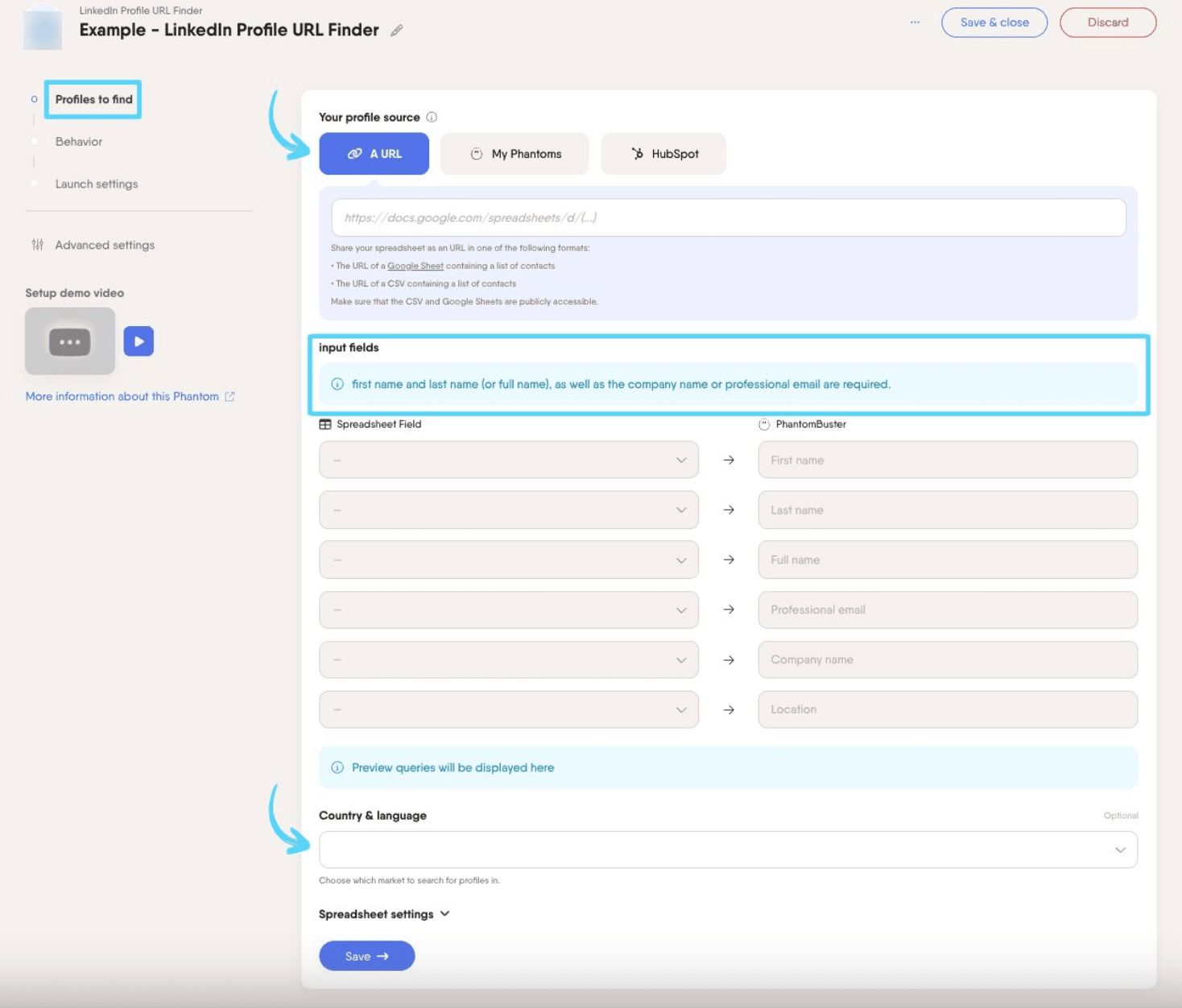PhantomBuster LinkedIn Profile URL Finder step 1 choosing your input source