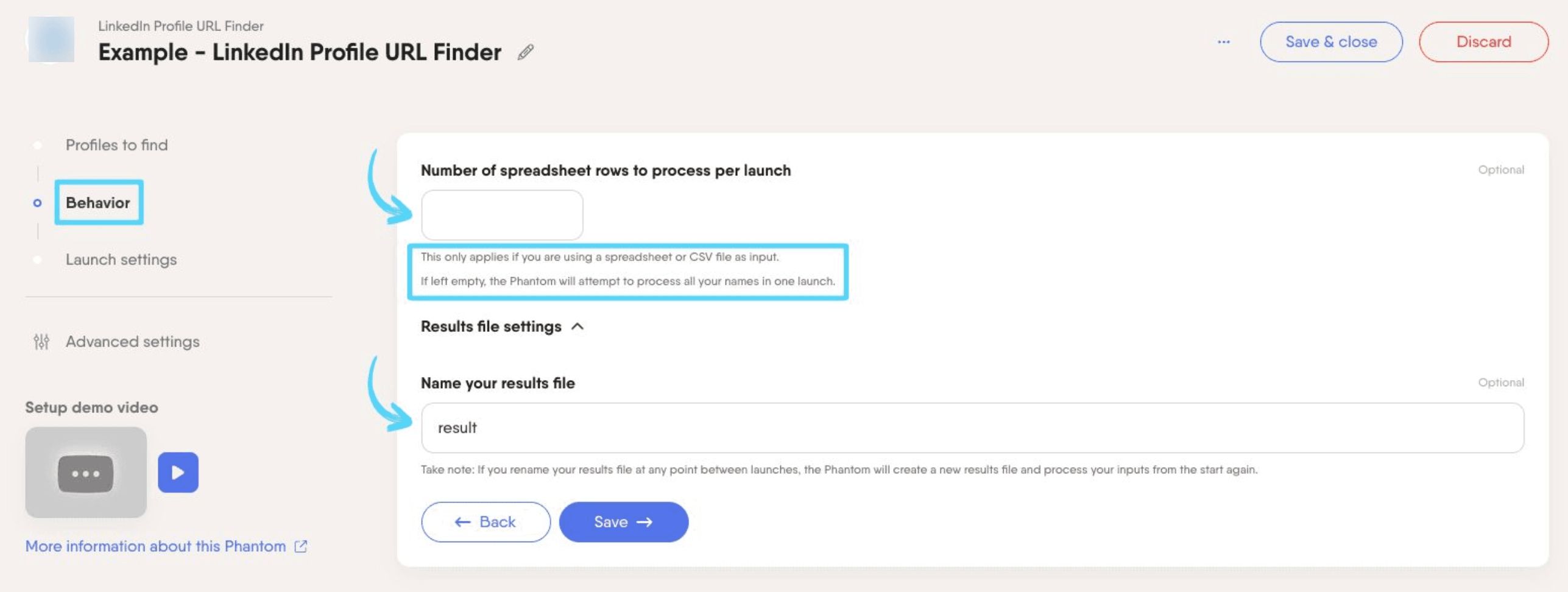 PhantomBuster LinkedIn Profile URL Finder step 2 configuring processing behavior