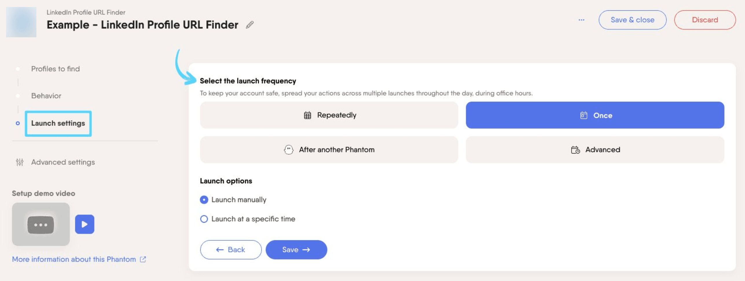 PhantomBuster LinkedIn Profile URL Finder step 3 selecting launch frequency