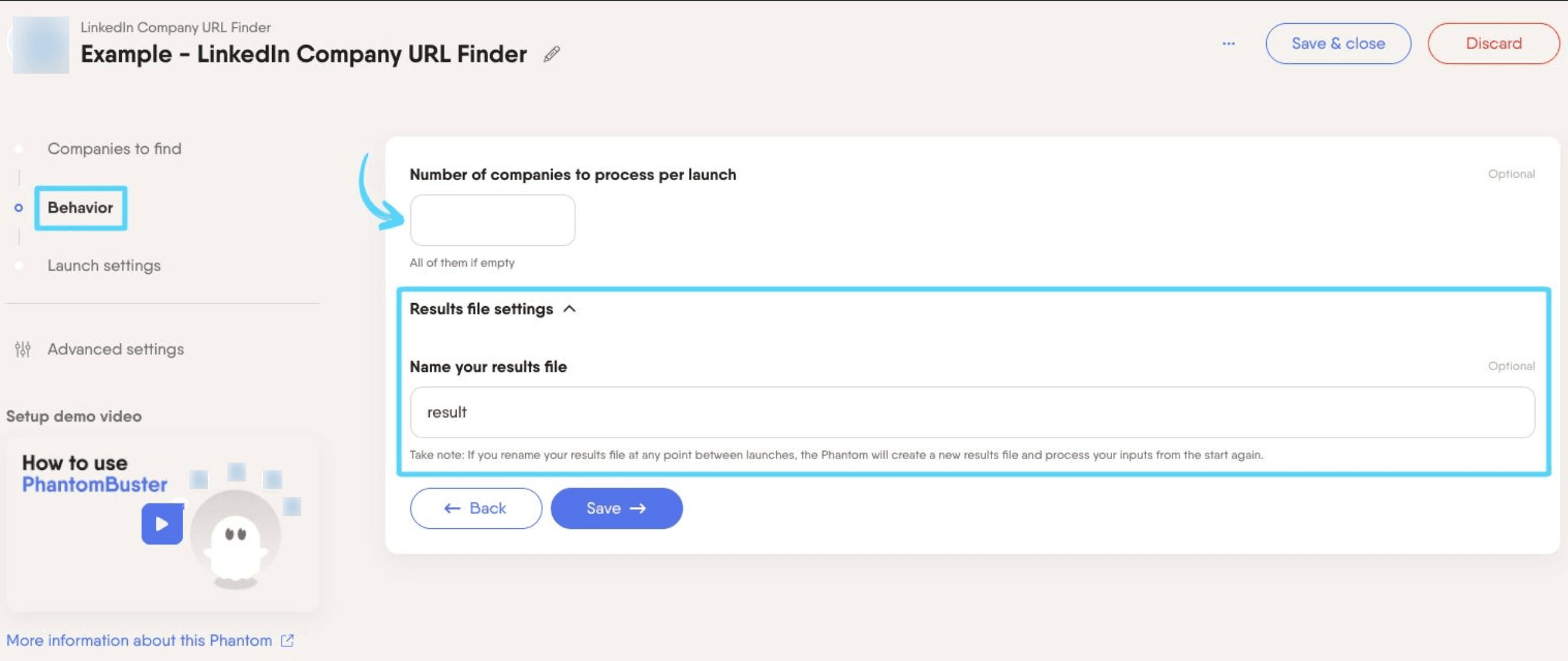 PhantomBuster LinkedIn Company URL Finder step 2 configuring processing and results settings
