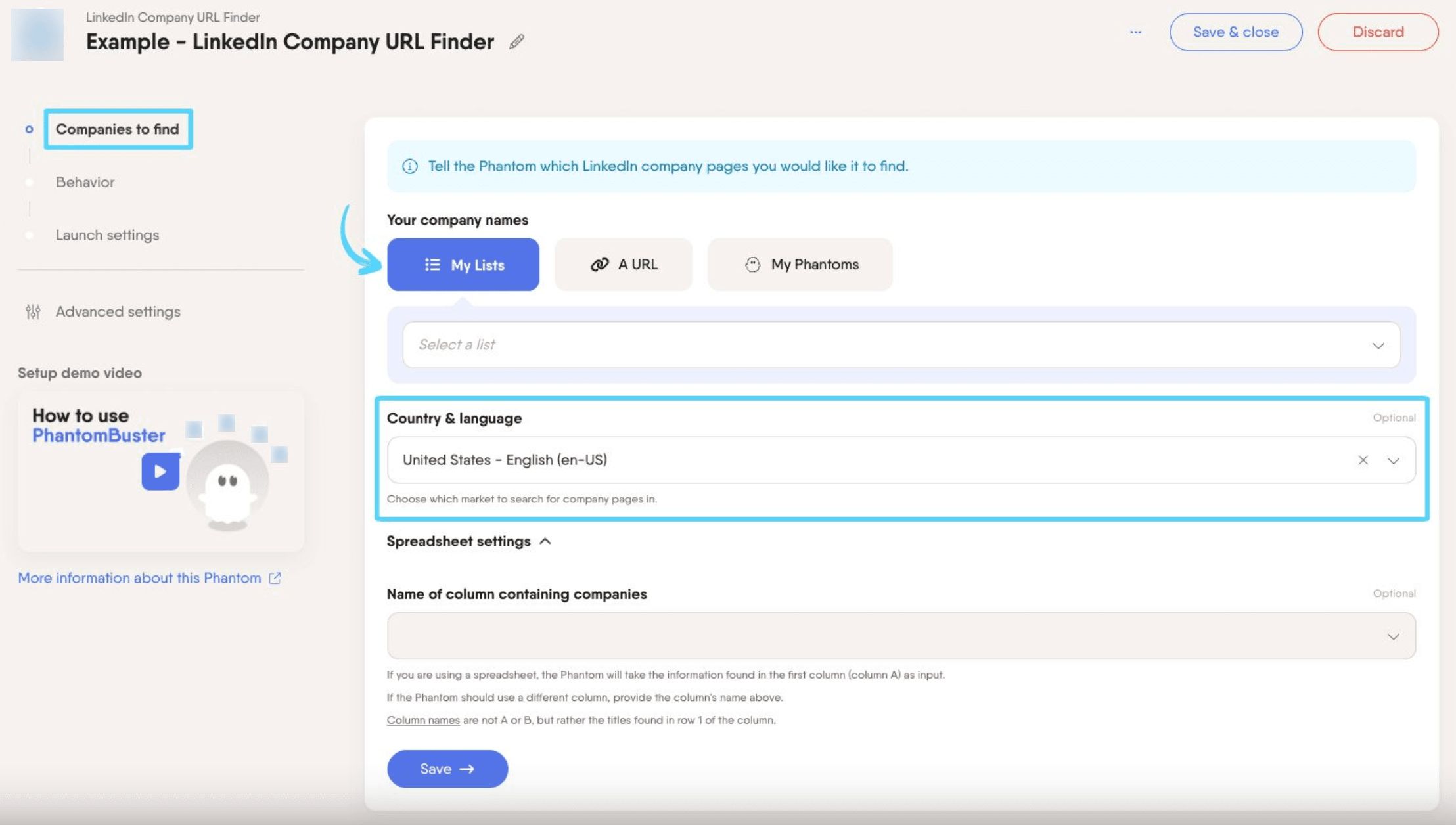 PhantomBuster LinkedIn Company URL Finder step 1 providing company names and choosing region and language