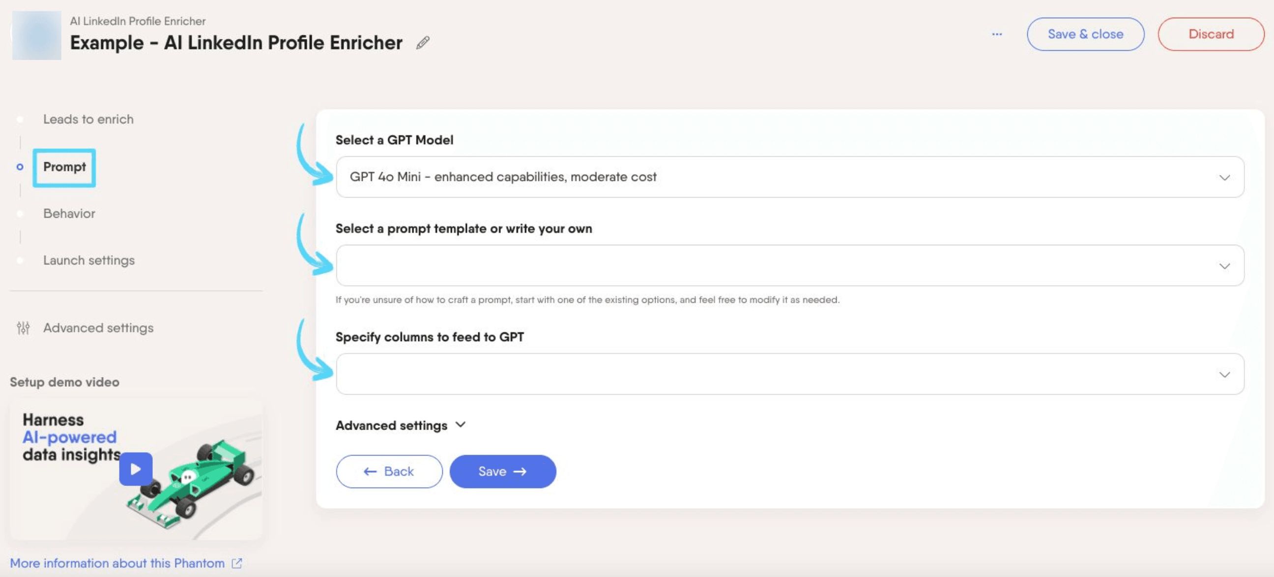 PhantomBuster AI LinkedIn Profile Enricher step 2 choosing the GPT model and prompt template