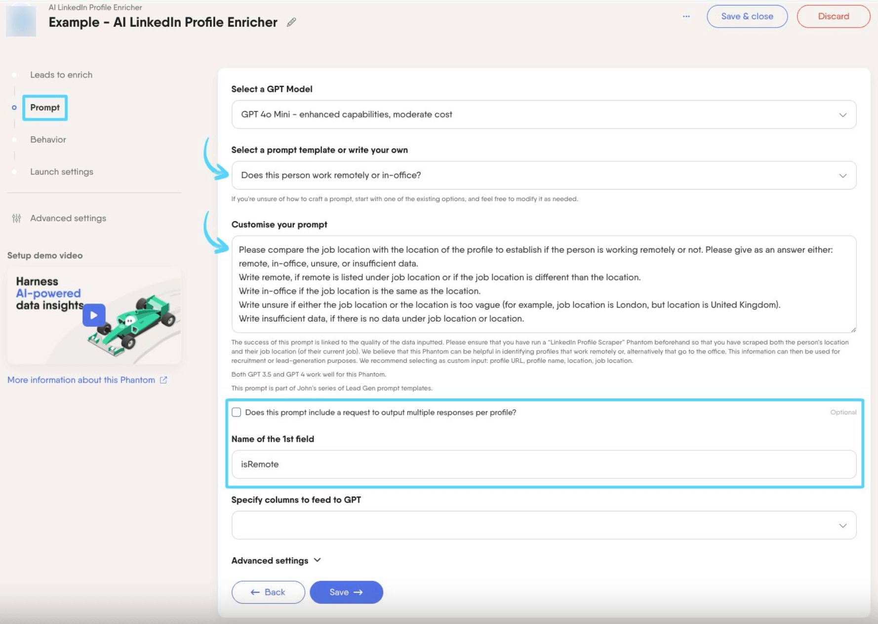 PhantomBuster AI LinkedIn Profile Enricher step 2 requesting multiple output columns