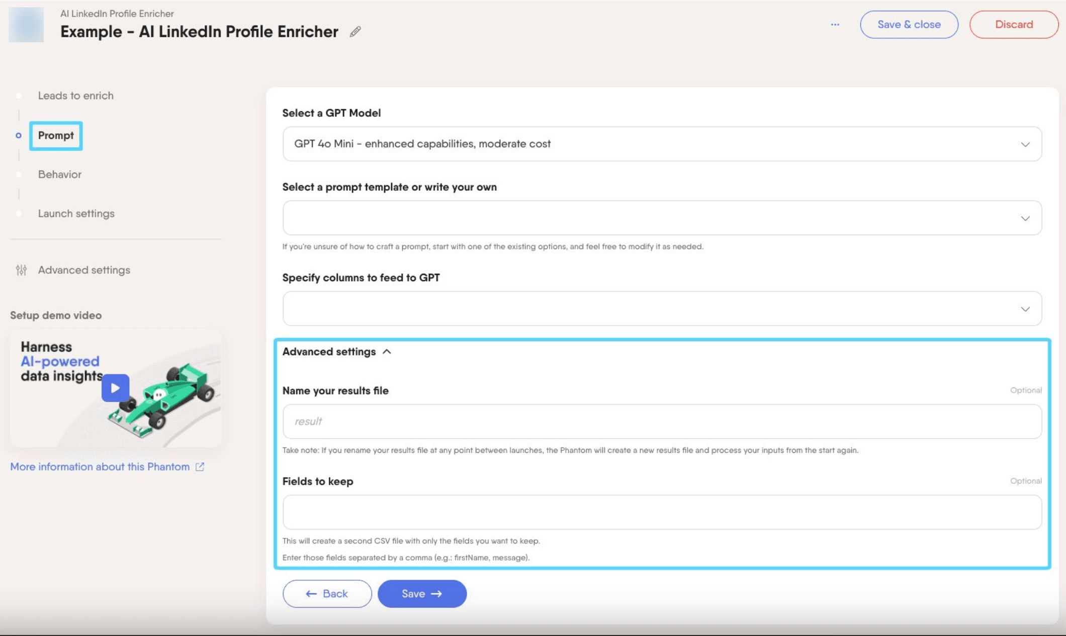 PhantomBuster AI LinkedIn Profile Enricher step 2 specifying the columns to feed to GPT