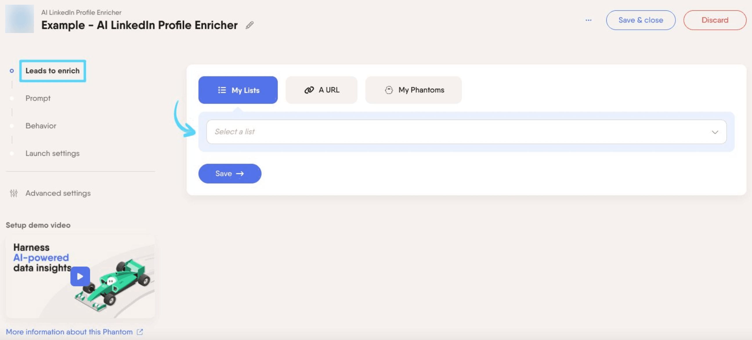 PhantomBuster AI LinkedIn Profile Enricher step 1 selecting the leads to enrich