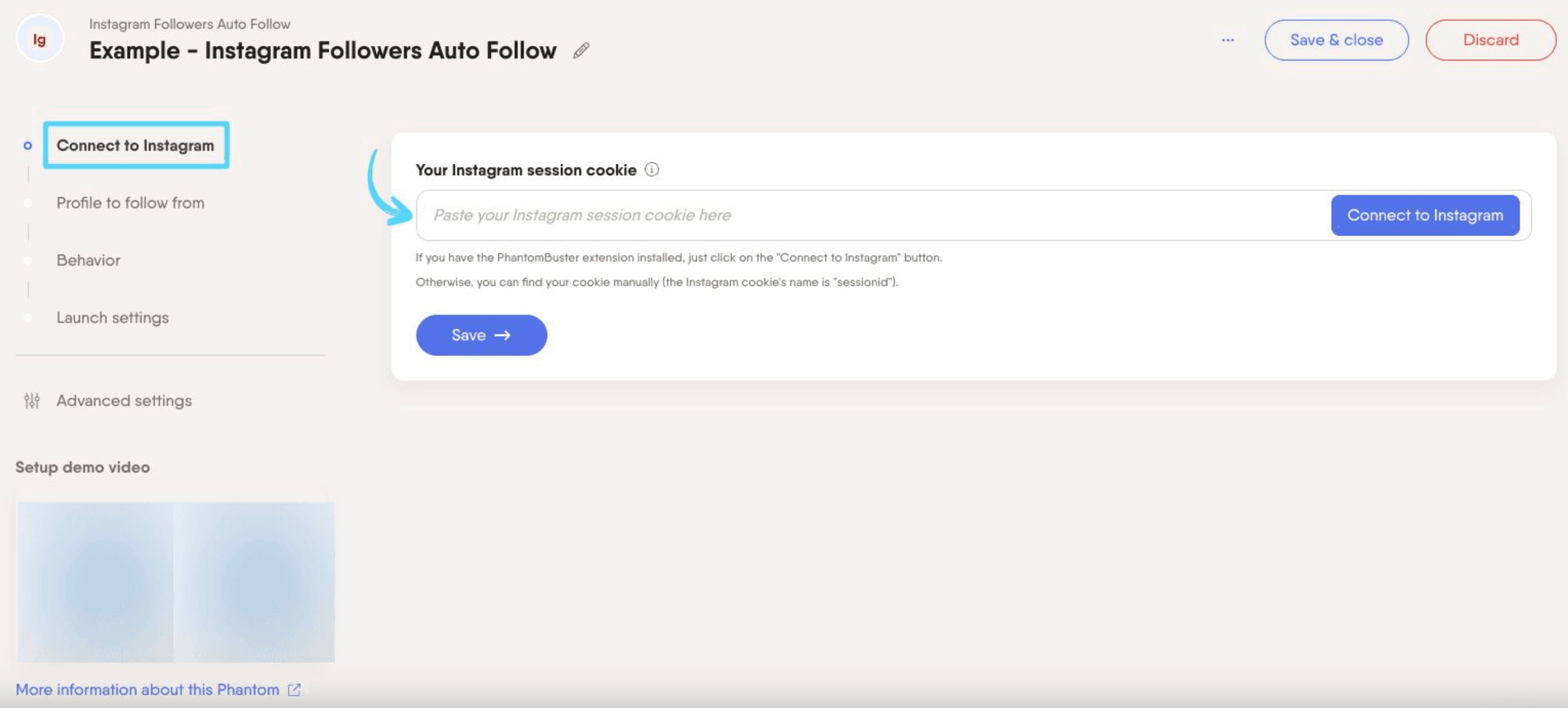 PhantomBuster Instagram Followers Auto Follow step 1 connecting your Instagram account