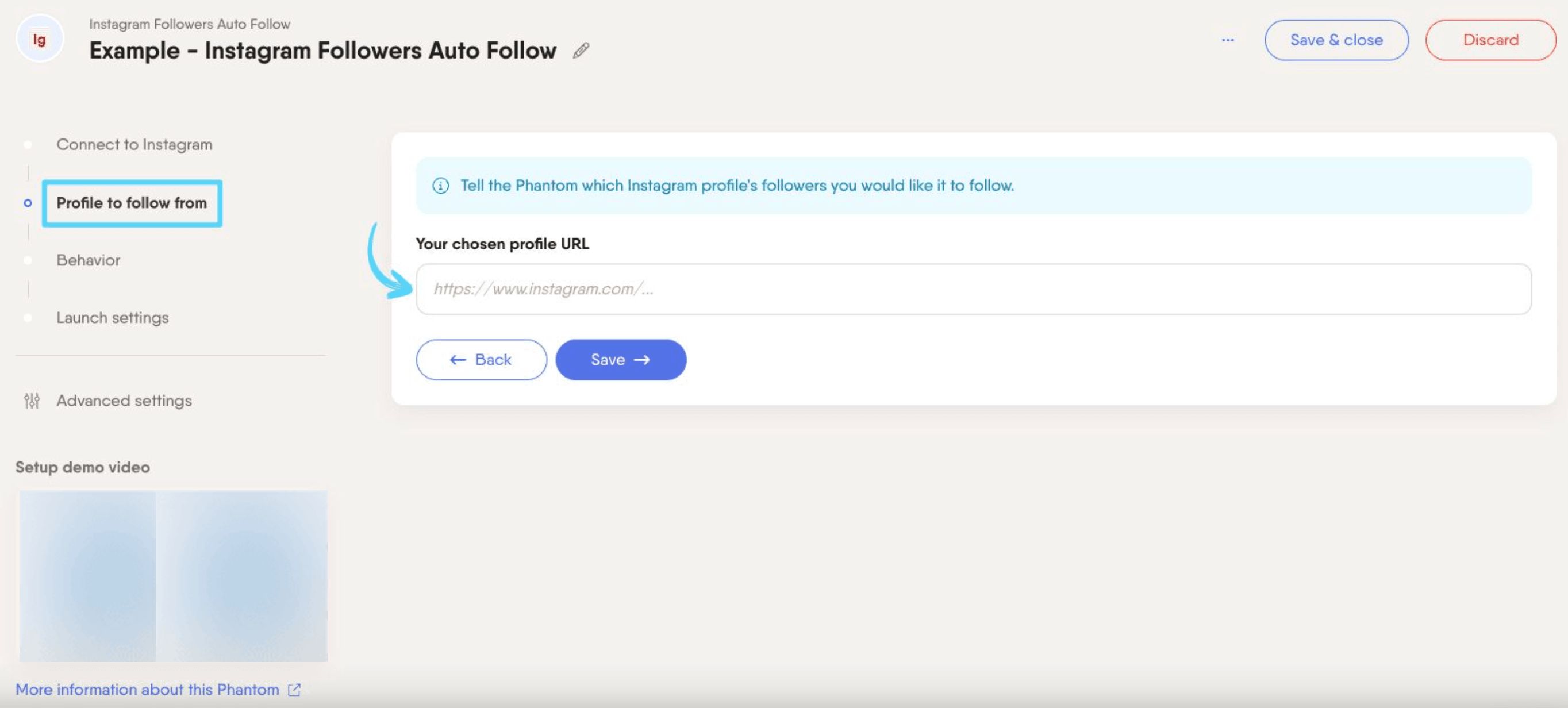 PhantomBuster Instagram Followers Auto Follow step 2 choosing the source profile whose followers to follow