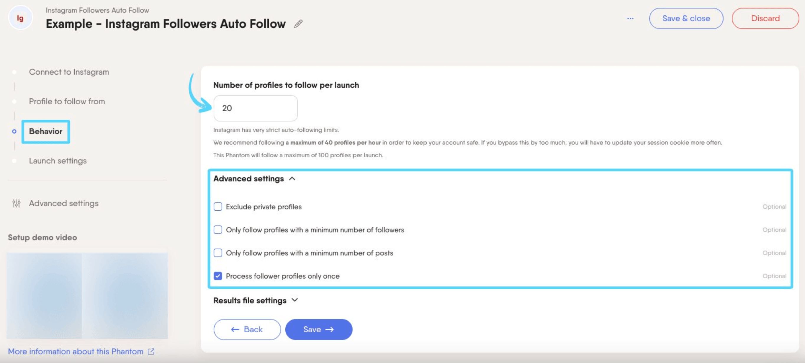 PhantomBuster Instagram Followers Auto Follow step 3 advanced settings filtering which profiles to follow