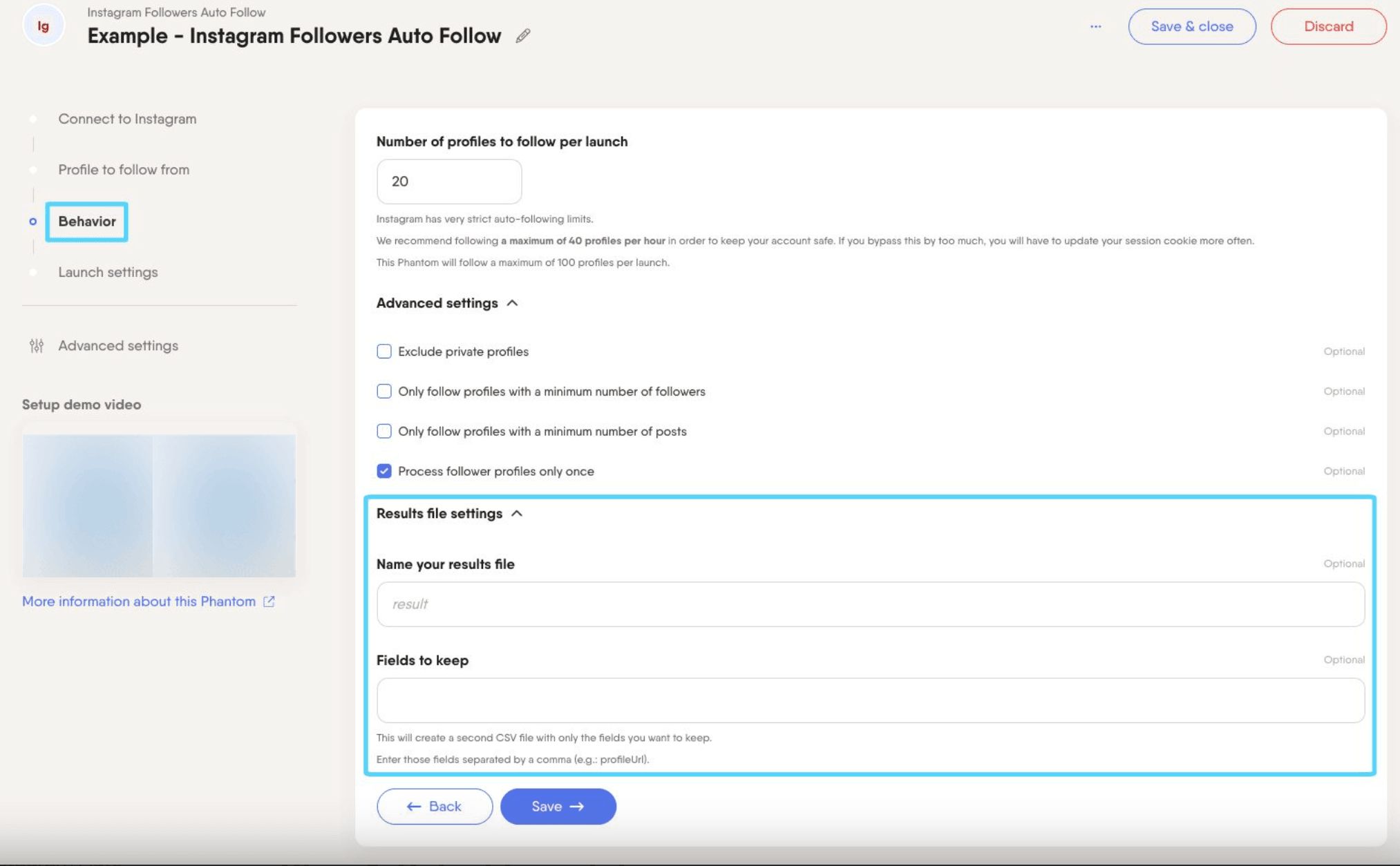 PhantomBuster Instagram Followers Auto Follow step 3 result file settings dropdown