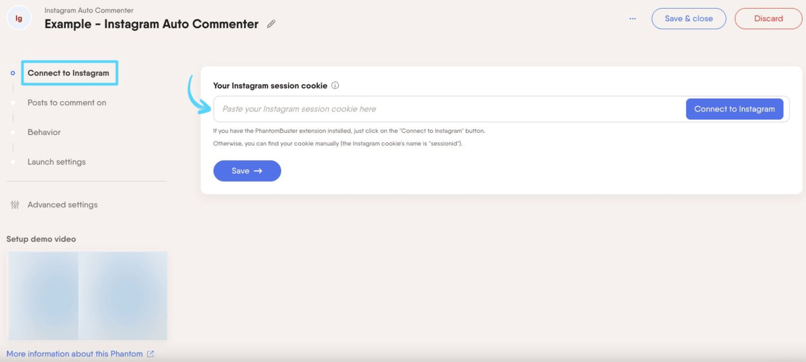 PhantomBuster Instagram Auto Commenter step 1 connecting your Instagram account