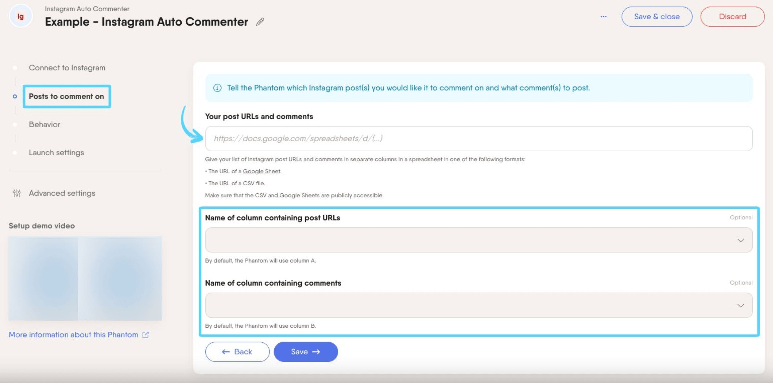 PhantomBuster Instagram Auto Commenter step 2 providing your post URLs and comments spreadsheet