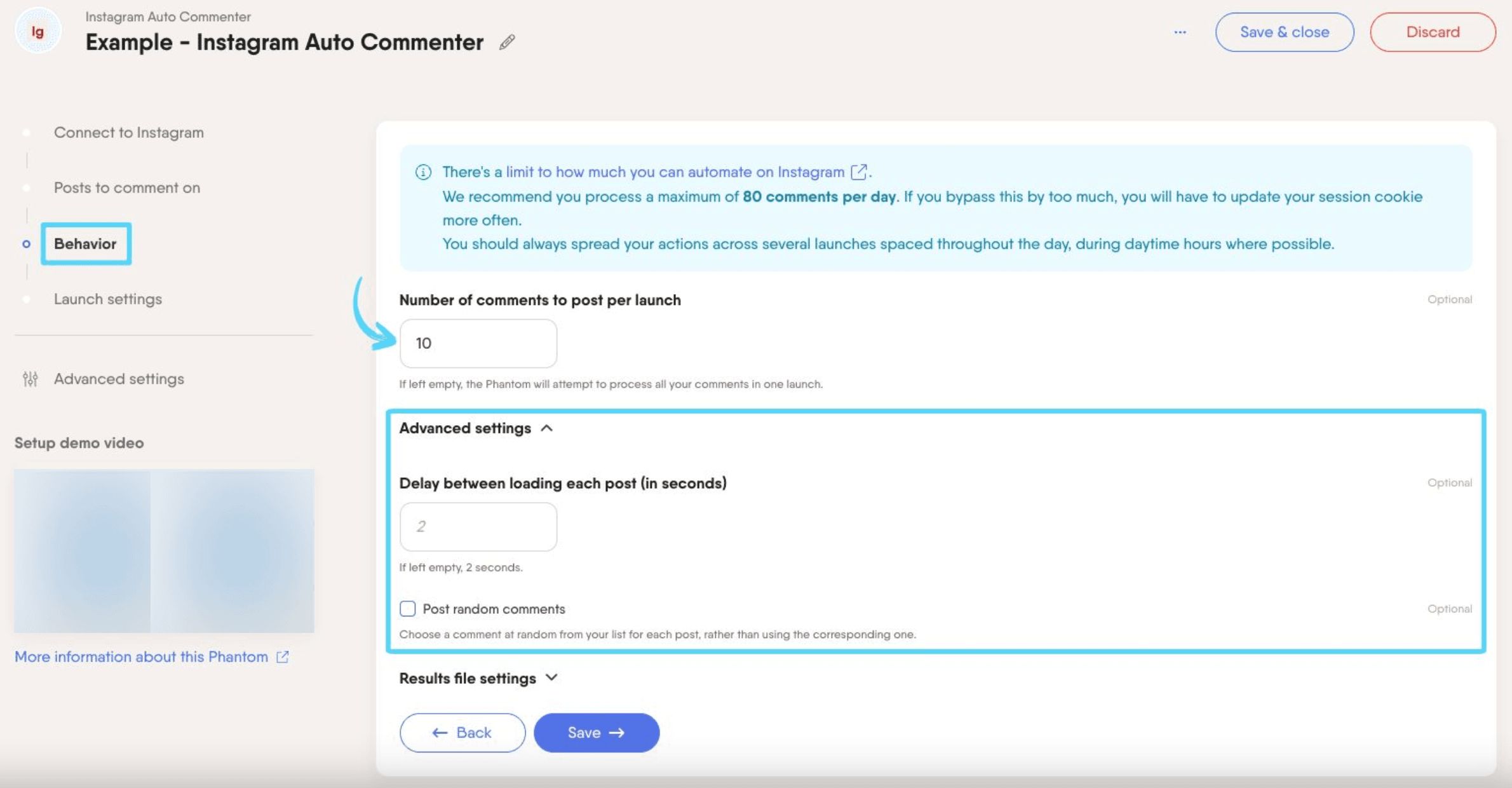 PhantomBuster Instagram Auto Commenter step 3 advanced settings delay and random comments