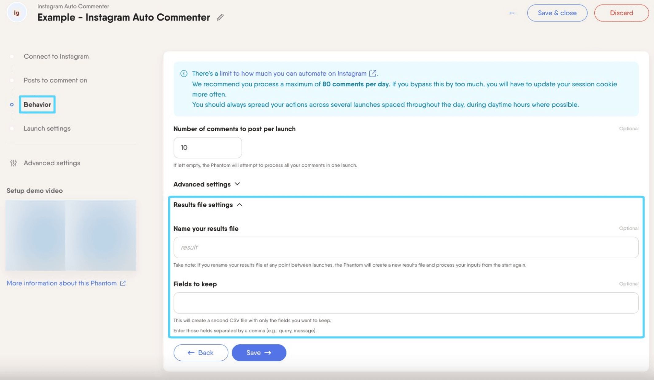 PhantomBuster Instagram Auto Commenter step 3 result file settings dropdown