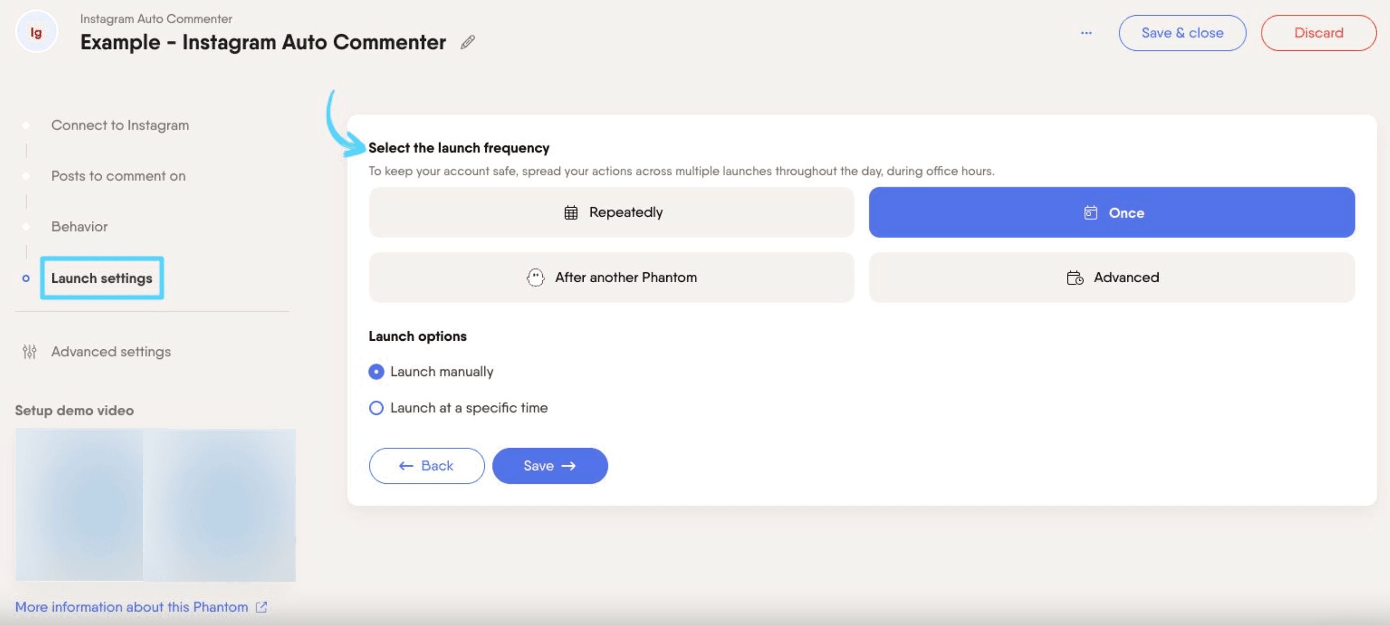 PhantomBuster Instagram Auto Commenter step 4 selecting launch frequency